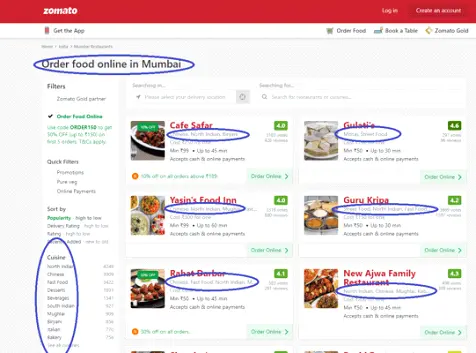 Order page of Zomato ordering food in Mumbai