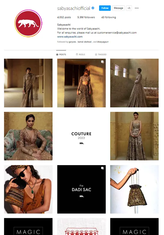 Instagram page of Sabyasachi, a well-known fashion designer showing work about Couture and Dadi Sac