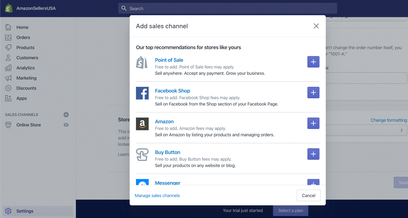 image of adding sales channel to you marketplace for Integrating Shopify with Amazon