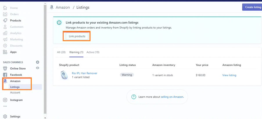 image of how to link products from amazon account to Shopify for Integrating Shopify with Amazon