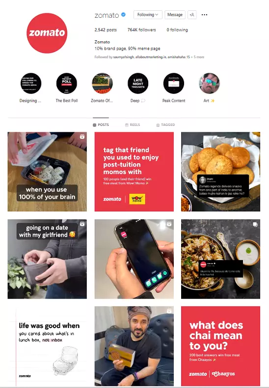 Instagram page of Zomato, a food delivery company